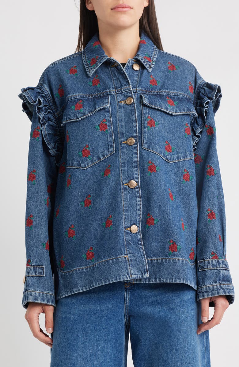 FARM Rio Floral Cross Stitch Denim Jacket, Alternate, color, Blue Denim