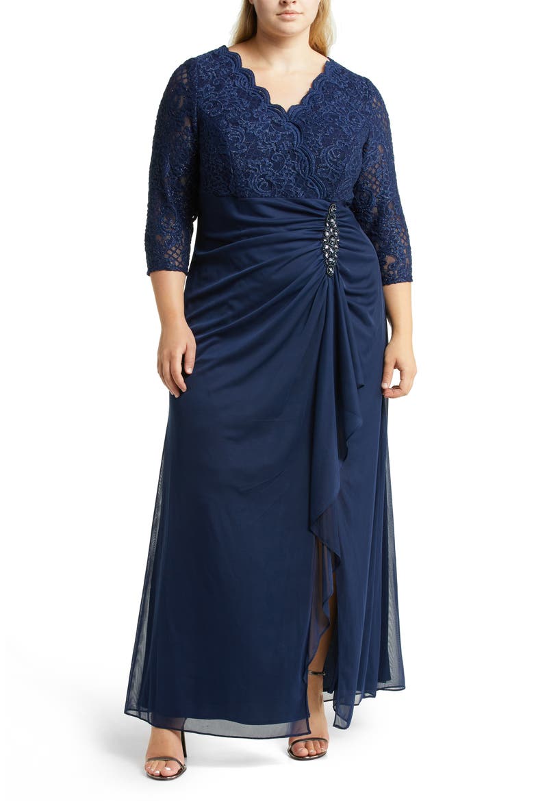 Beaded Lace Bodice Empire Waist Gown, Main, color, NAVY
