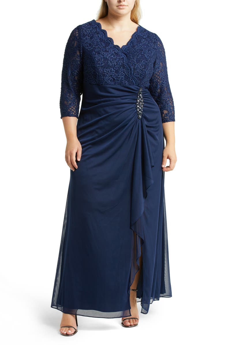 Alex Evenings Beaded Lace Bodice Empire Waist Gown, Main, color, Navy