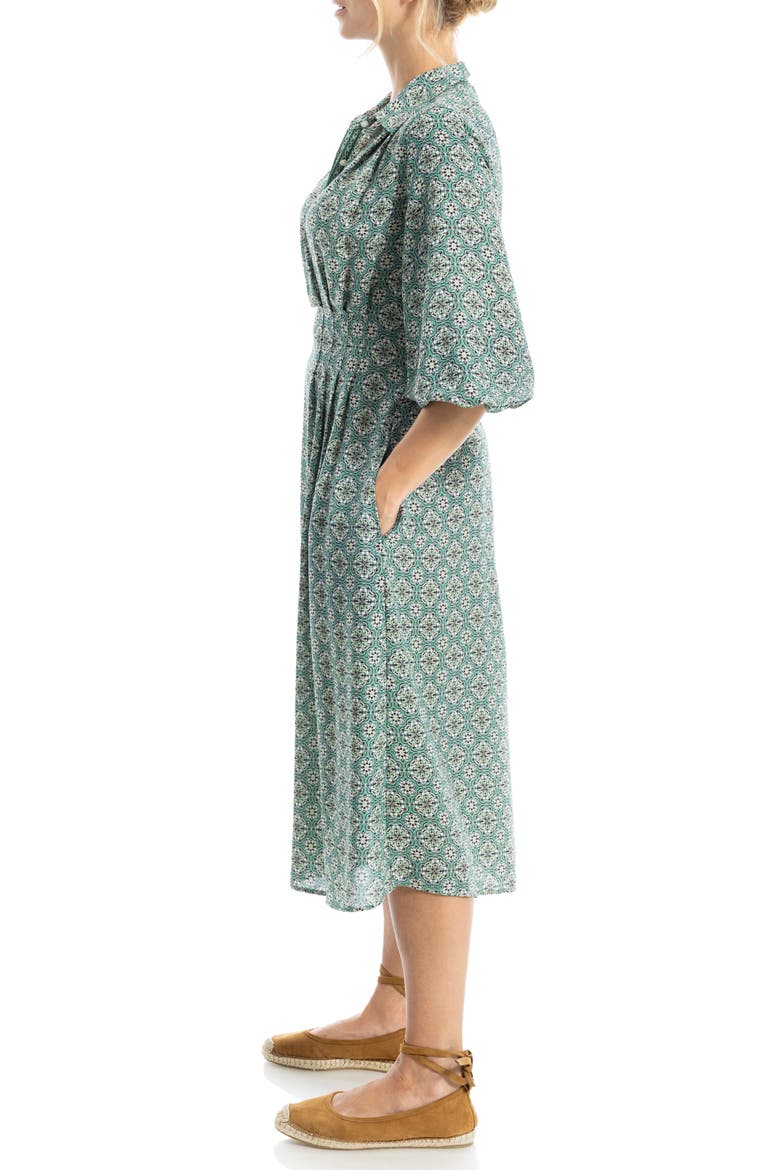 Balloon Sleeve Midi Shirtdress, Alternate, color, GREEN/ CREAM