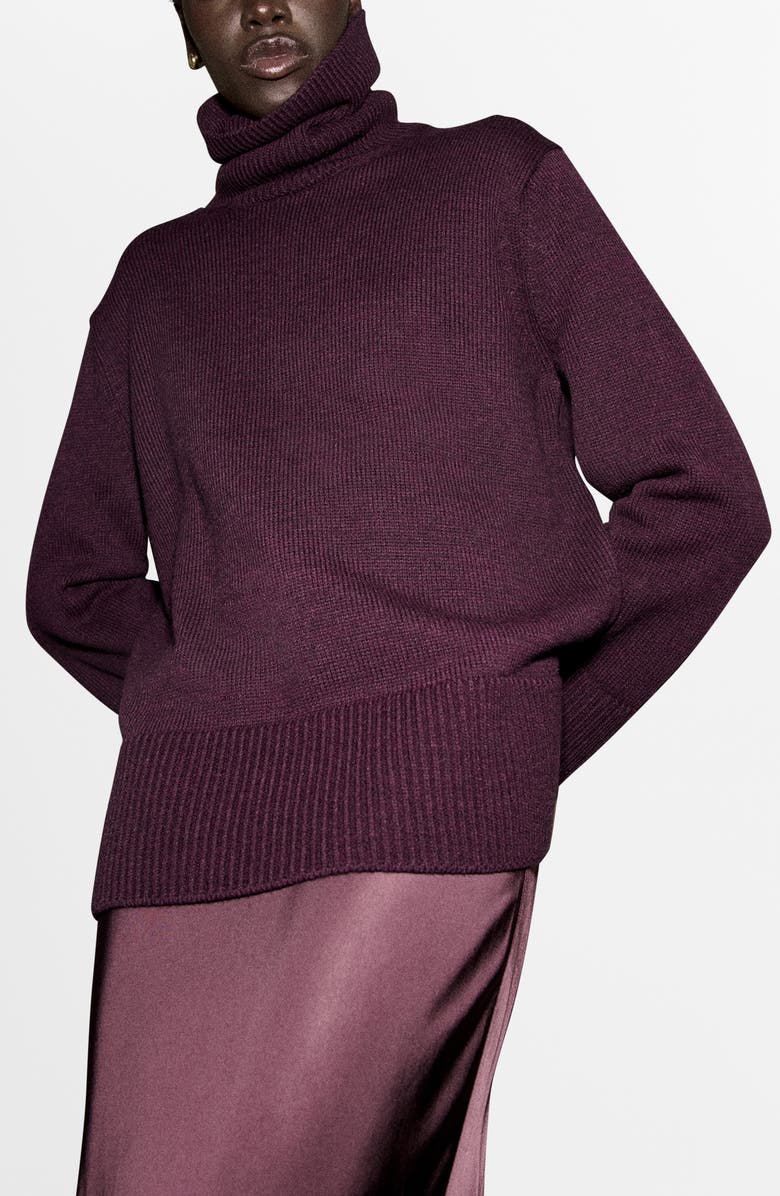 MANGO Ribbed Trim Turtleneck Sweater, Main, color, Wine