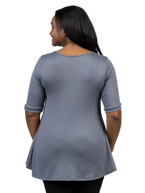 24seven Comfort Apparel Plus Size Elbow Sleeve Henley Tunic Top In Gray