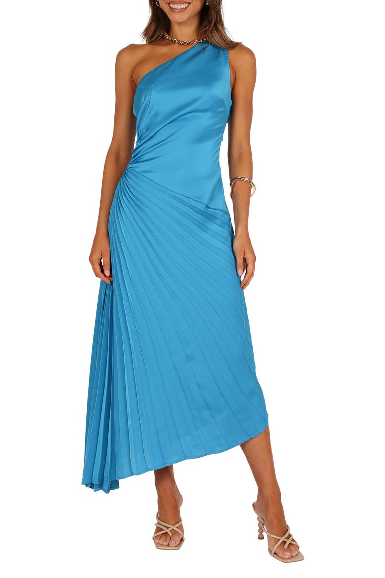 Flin Asymmetric Pleat Cutout One-Shoulder Dress, Main, color, BLUE