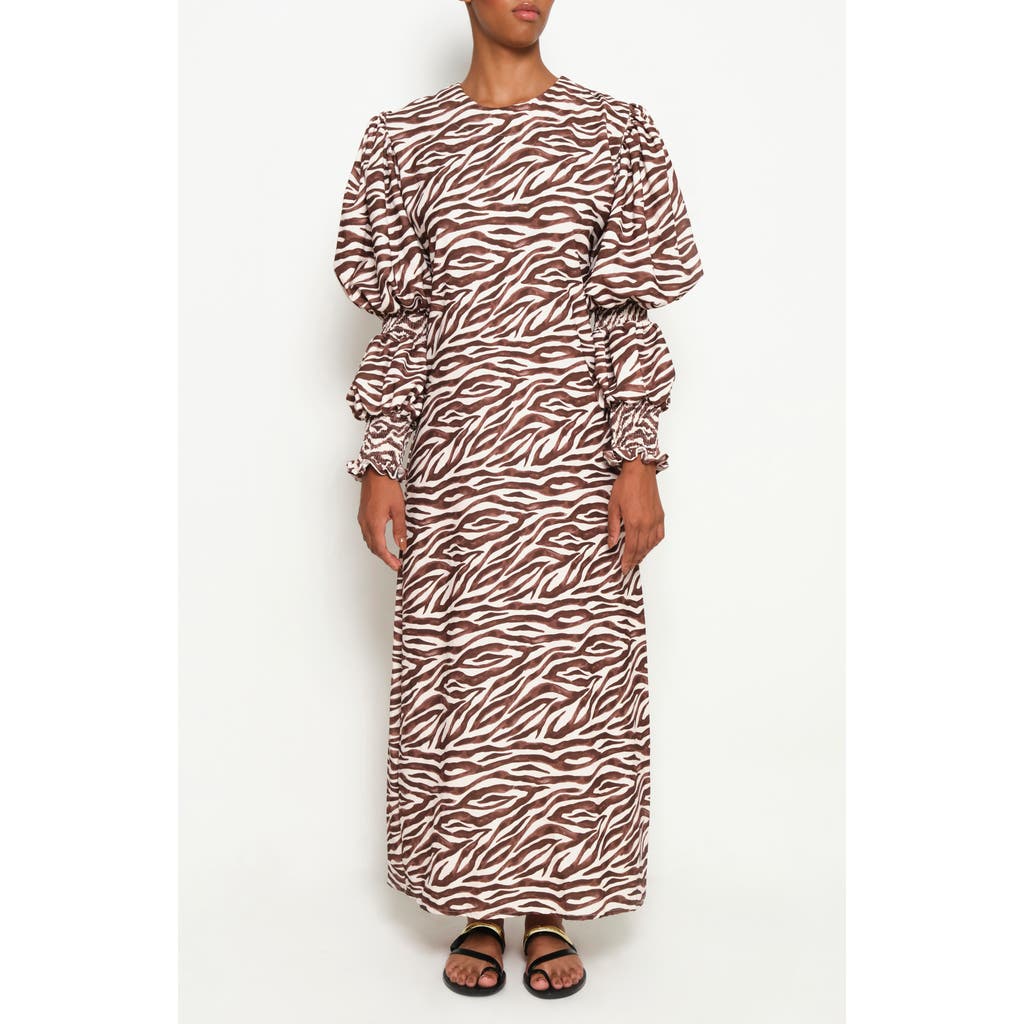 The Lulo Project Makeda Print Long Sleeve Maxi Dress In Brown Zebra