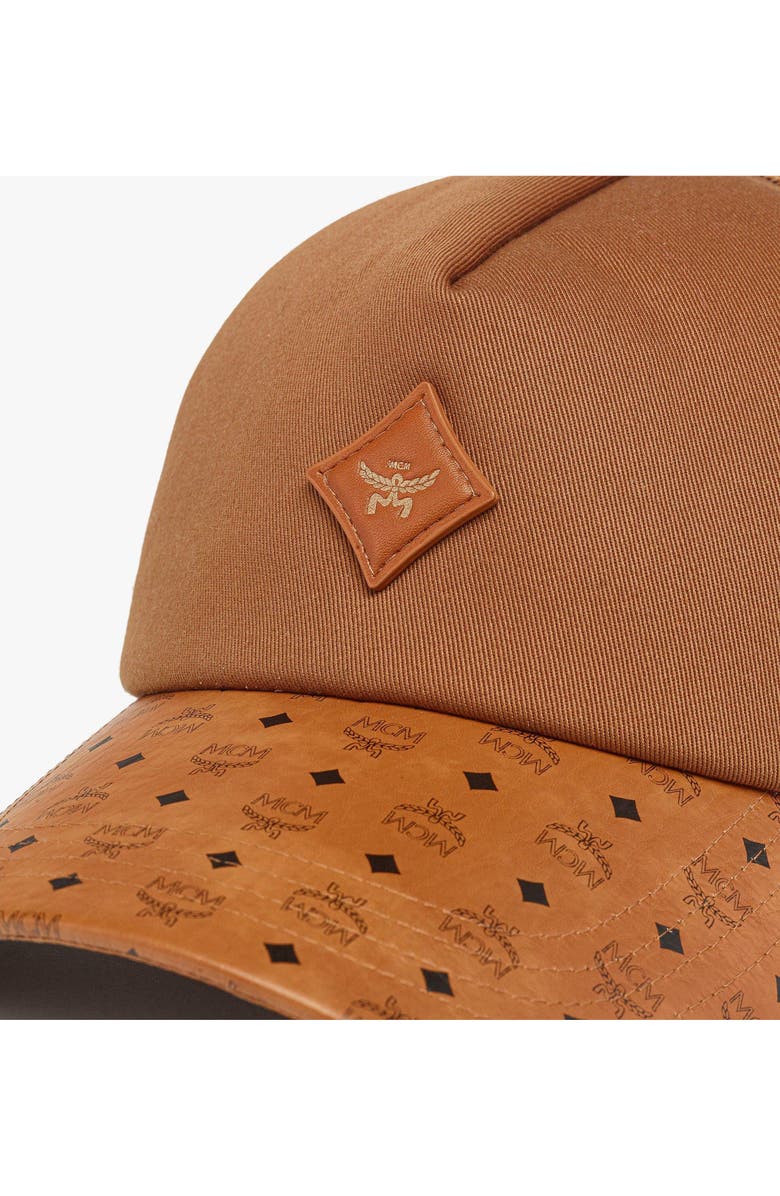 MCM Diamond Cap in Cotton and Monogram Print Leather, Alternate, color, Cognac