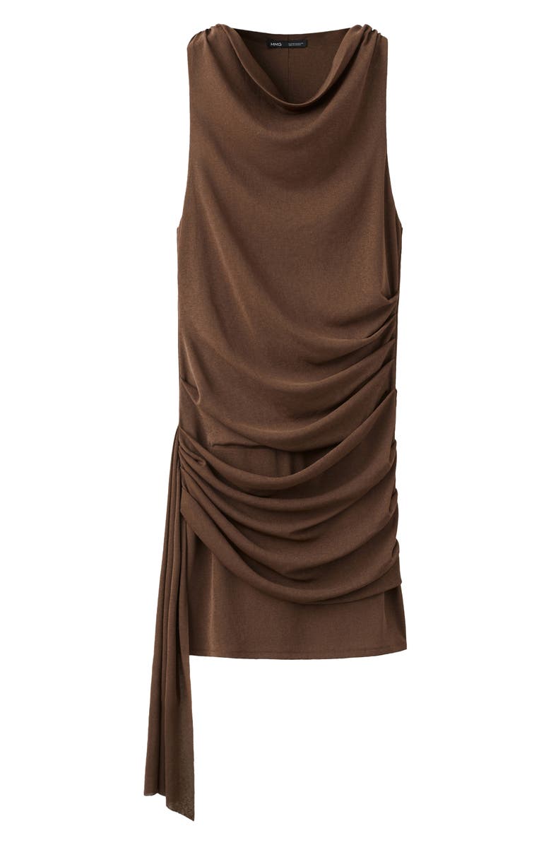 MANGO Drape Neck Ruched Minidress, Main, color, Brown