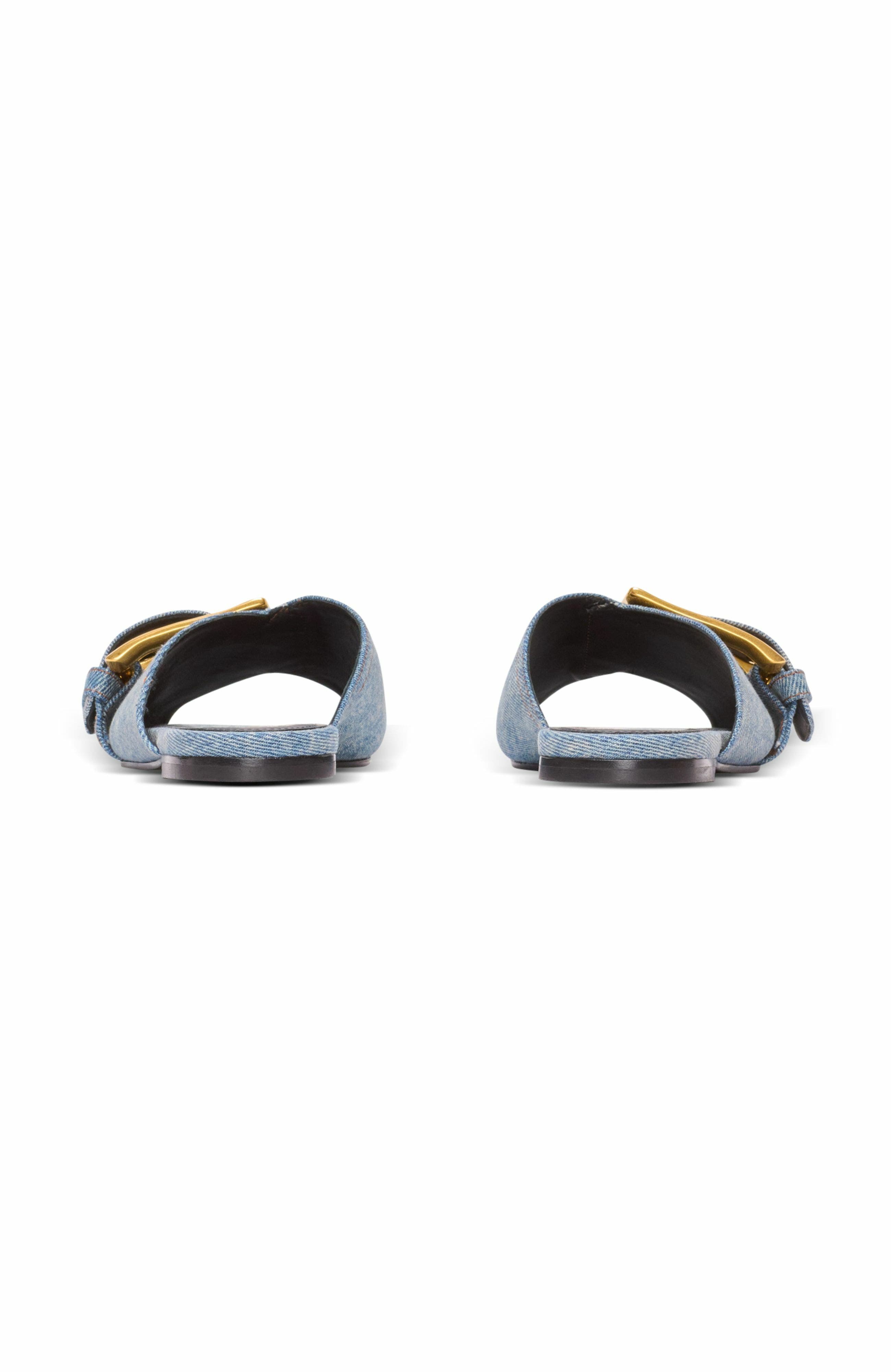 Balmain Anthem Flat Denim Sandals, Alternate, color, Blue