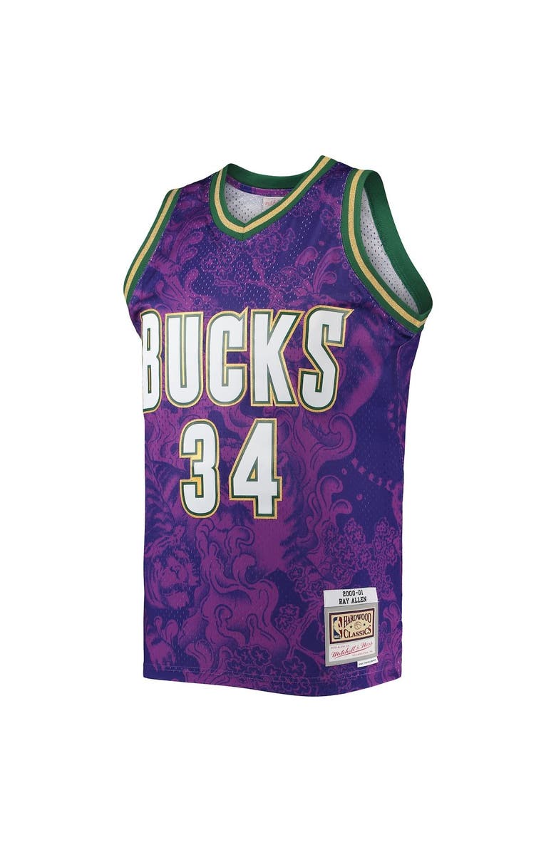 Mitchell & Ness Men's Mitchell & Ness Ray Allen Purple Milwaukee Bucks Hardwood Classics 2000/01 Lunar New Year Swingman Jersey, Alternate, color,