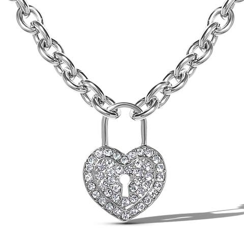 Silver-Tone Pave Crystal Heart Lock Necklace