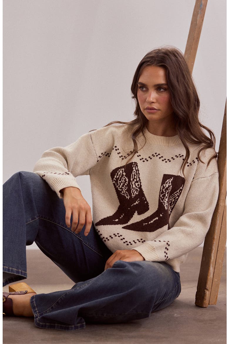 Boot Jive Intarsia Sweater, Alternate, color, CREAM W/ CHOCOLATE