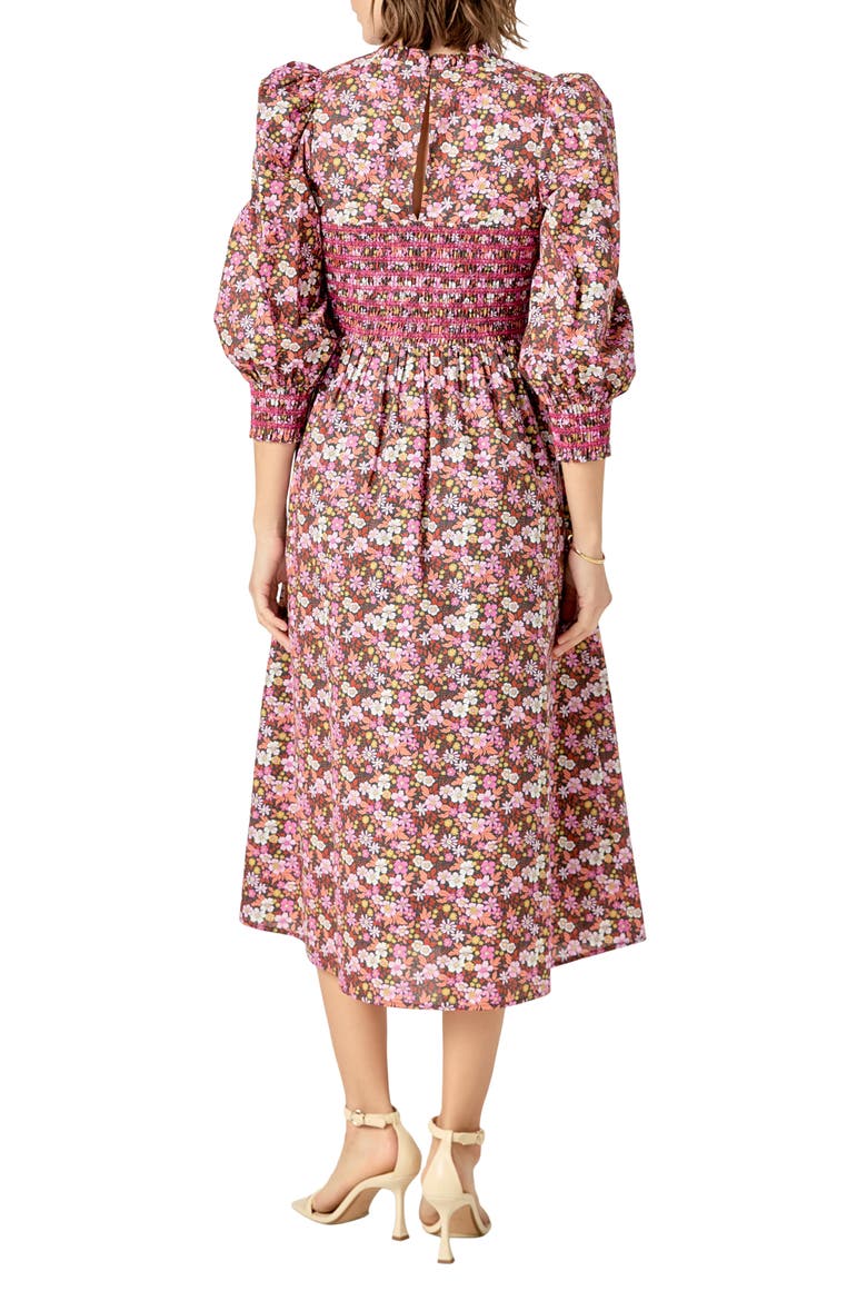 Floral Smock Bodice Midi Dress, Alternate, color, PINK
