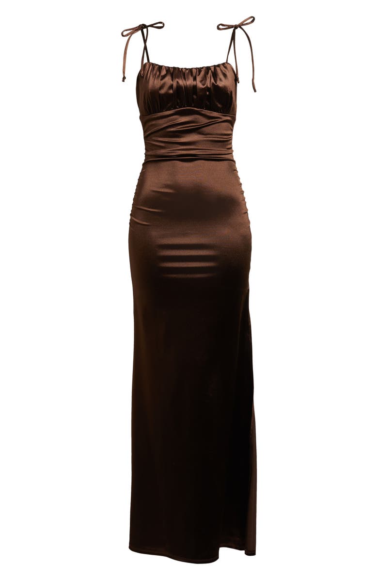 Emerald Sundae Emma Ruched Tie Strap Satin Gown, Alternate, color, Chocolate