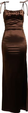 Emerald Sundae Emma Ruched Tie Strap Satin Gown