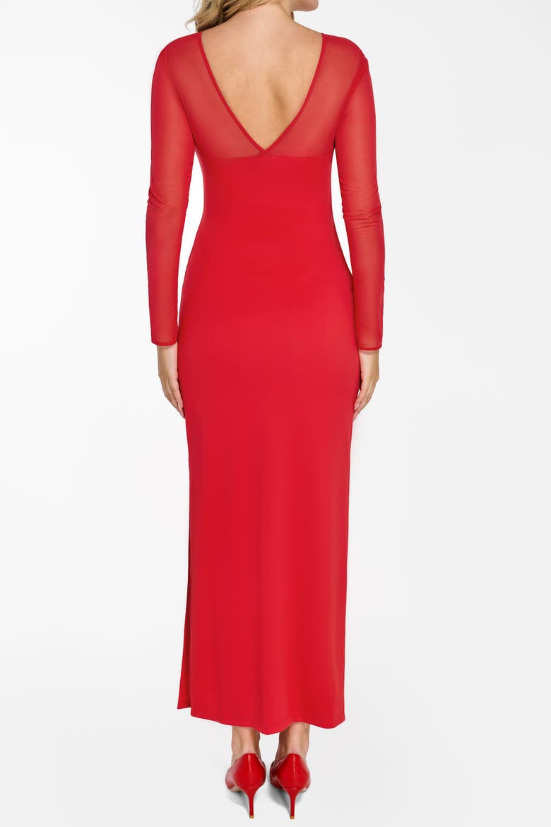 Shapewear Mesh Long Sleeve V-Back Slimming Maxi Dress, Alternate, color, Bright red