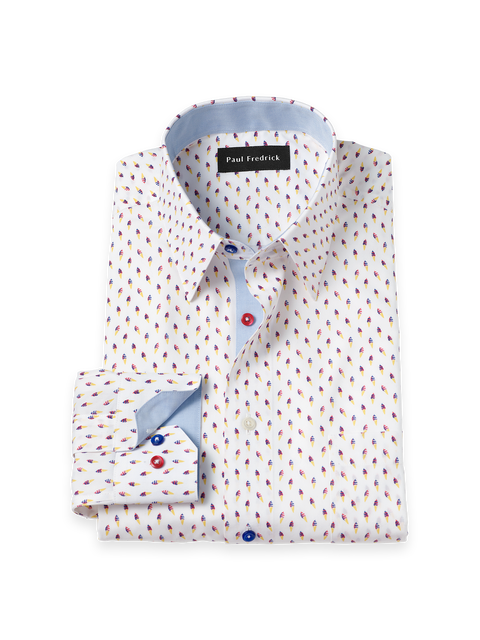 Cotton Point Collar Poplin Classic Contrast Trim Button Cuff Long Sleeve