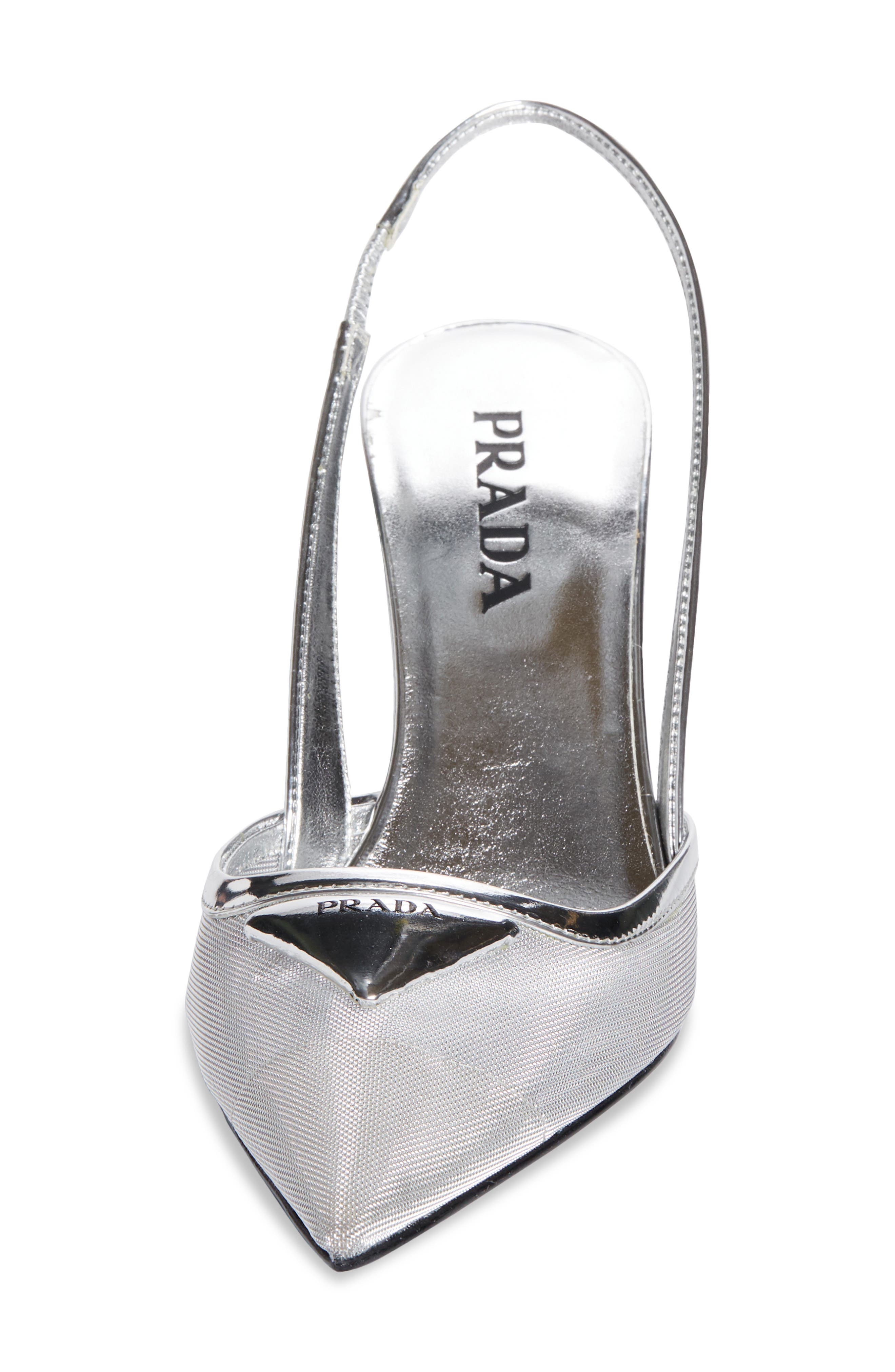 Prada Modellerie Pointed Toe Metallic Mesh Slingback Pump, Alternate, color, Argento
