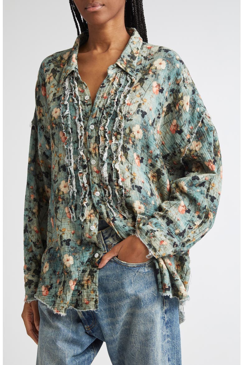 Shredded Seam Ruffle Button-Up Shirt, Alternate, color, TURQUOISE FLORAL