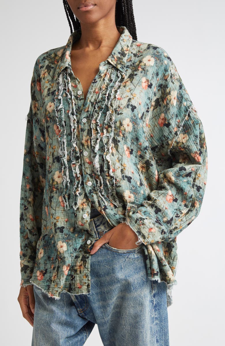 R13 Shredded Seam Ruffle Button-Up Shirt, Alternate, color, Turquoise Floral