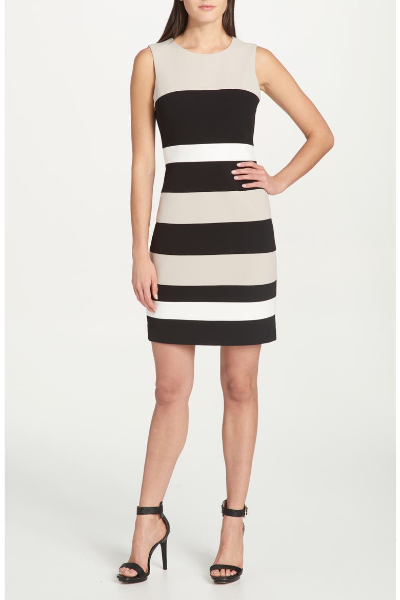 Colorblock Stripe Crepe Sheath Dress, Main, color, KHK/BK/IVO
