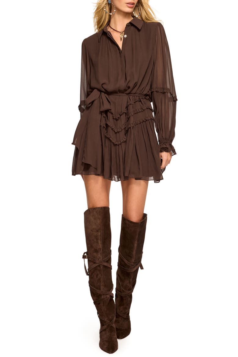 Maya Ruffle Detail Long Sleeve Silk Mini Shirtdress, Main, color, HERITAGE BROWN