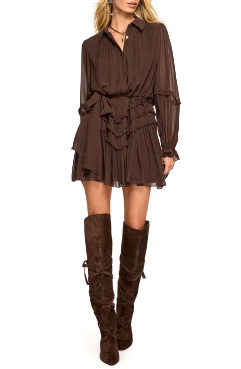 Maya Ruffle Detail Long Sleeve Silk Mini Shirtdress