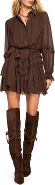 Ramy Brook Maya Ruffle Detail Long Sleeve Silk Mini Shirtdress
