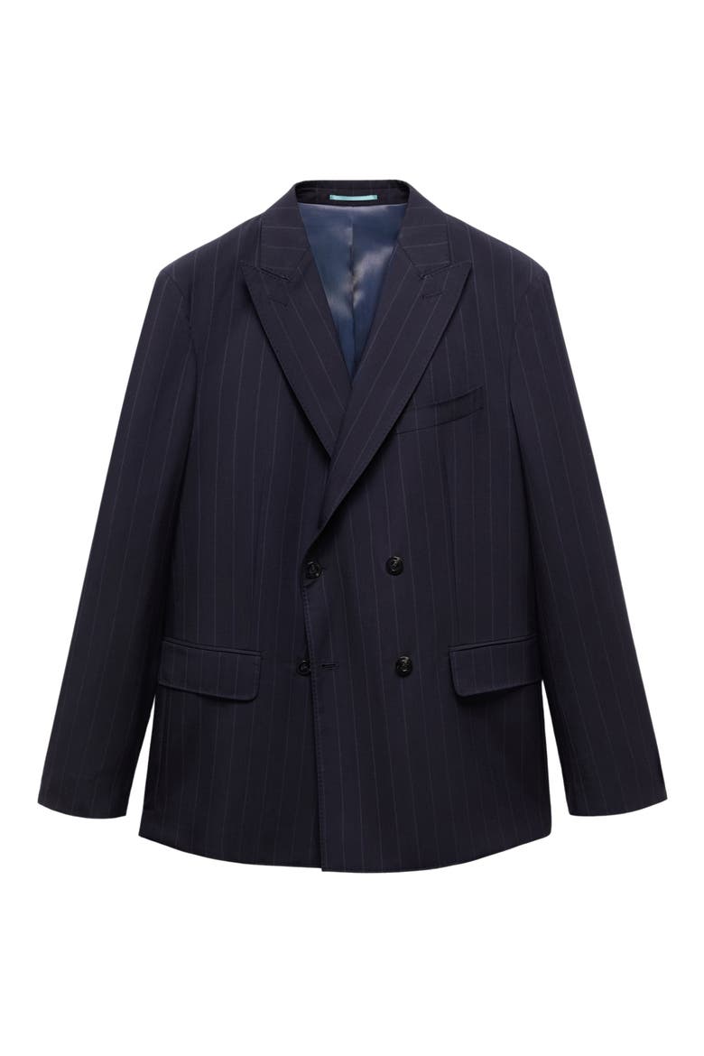 Double Breasted Pinstripe Virgin Wool Blazer, Alternate, color, DARK NAVY