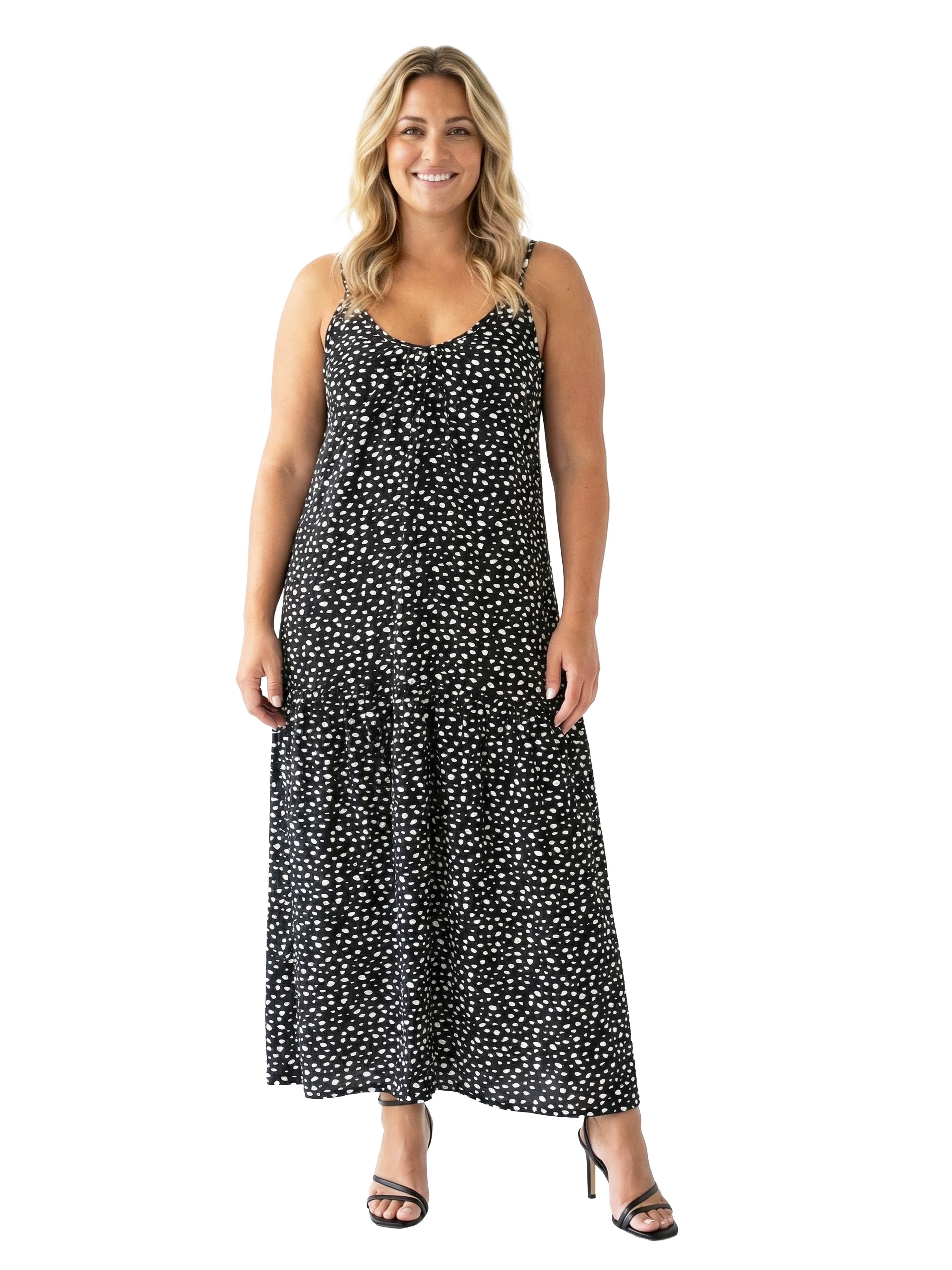 Curvy Essential Dots Print Scoop Neck Spaghetti Strap Pocket A-Line Maxi Dress