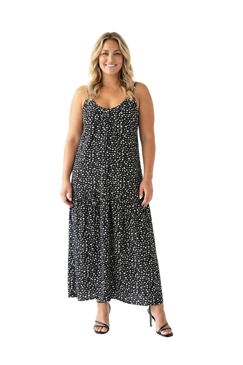Curvy Essential Dots Print Scoop Neck Spaghetti Strap Pocket A-Line Maxi Dress, Main, color, Black Multi