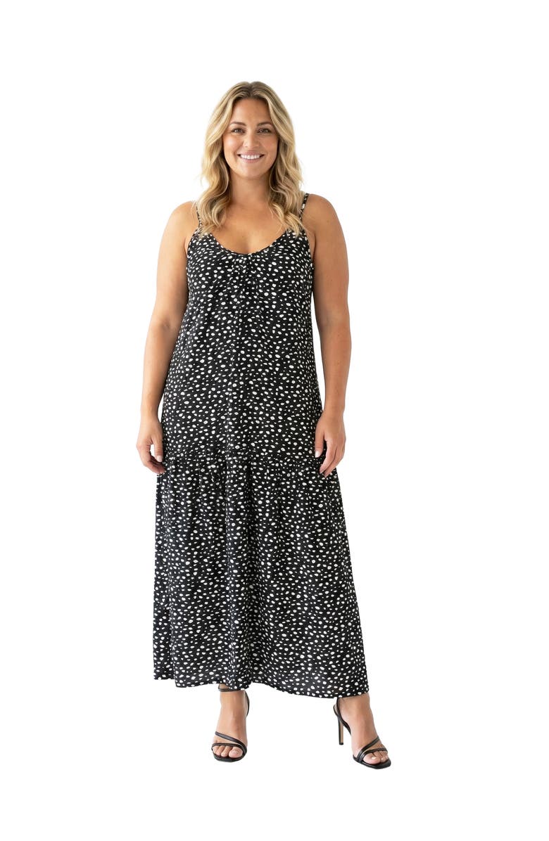 24seven Comfort Apparel Curvy Essential Dots Print Scoop Neck Spaghetti Strap Pocket A-Line Maxi Dress, Main, color, Black Multi
