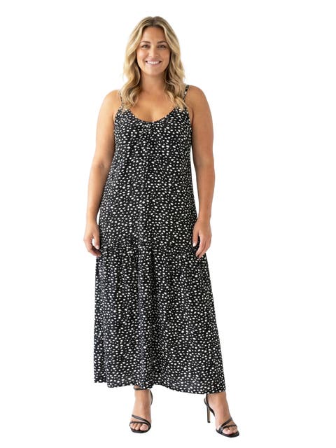 Curvy Essential Dots Print Scoop Neck Spaghetti Strap Pocket A-Line Maxi Dress