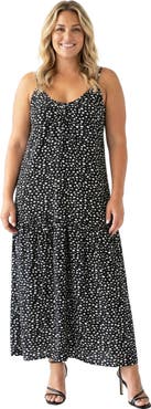 24seven Comfort Apparel Curvy Essential Dots Print Scoop Neck Spaghetti Strap Pocket A-Line Maxi Dress