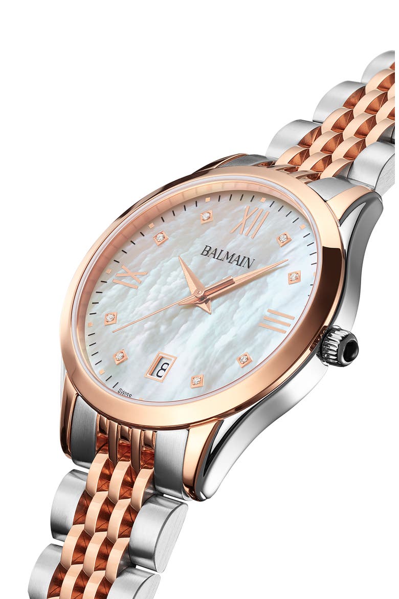 Classic R Diamond Two-Tone Bracelet Watch, 34mm, Alternate, color, STAINLESS STEEL/ ROSE GOLD