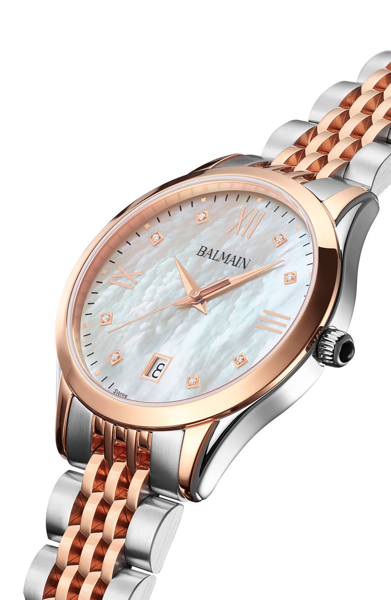 BALMAIN WATCHES Classic R Diamond Two-Tone Bracelet Watch, 34mm, Alternate, color, Stainless Steel/ Rose Gold