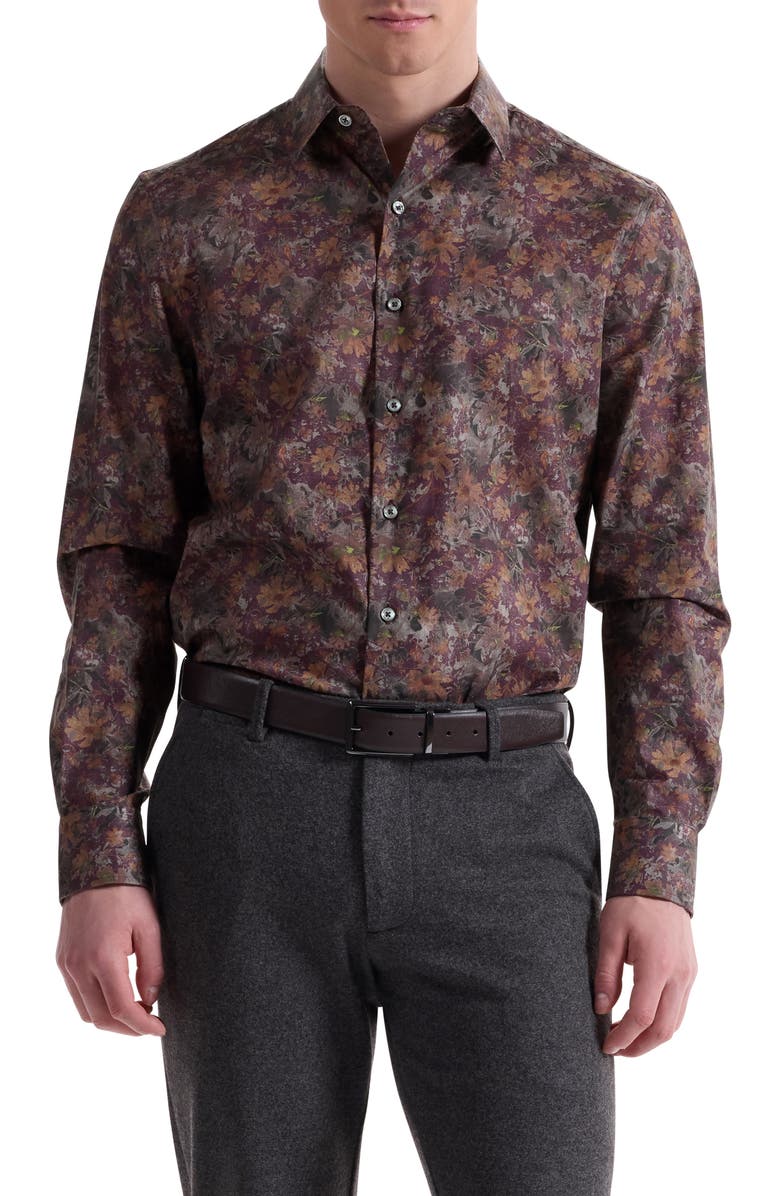 Bugatchi Julian Shaped Fit Floral Stretch Button-Up Shirt, Main, color, Burgundy