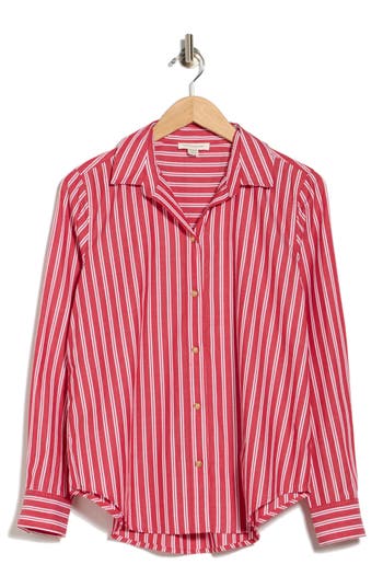 Beachlunchlounge Bentley Stripe Long Sleeve Cotton Button-up Shirt In Ruby Lines