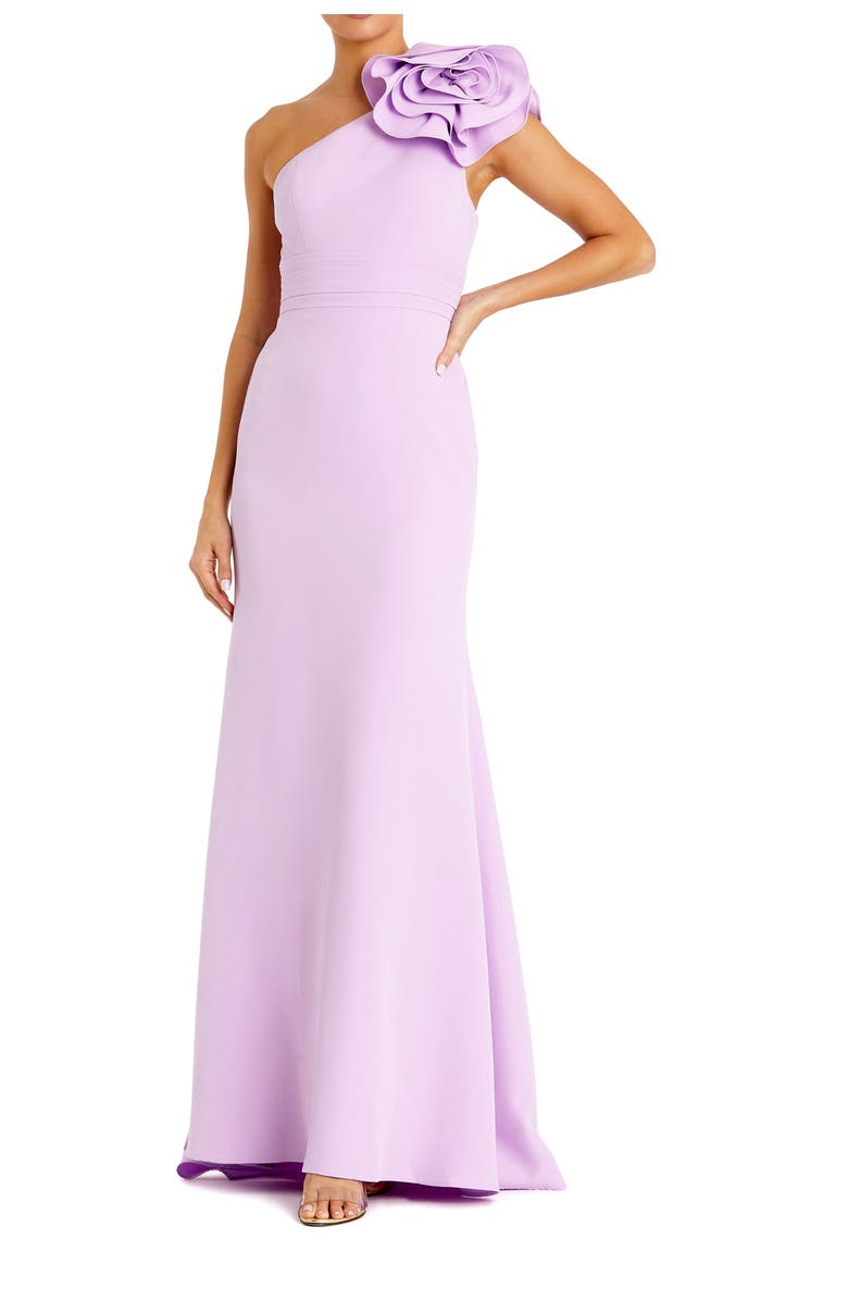 Mac Duggal Crepe One Shoulder Gown With 3D Flower, Main, color, Lilac