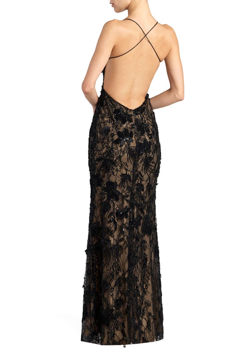 Sleeveless Embellished Open Back Column Gown, Alternate, color, Black Nude