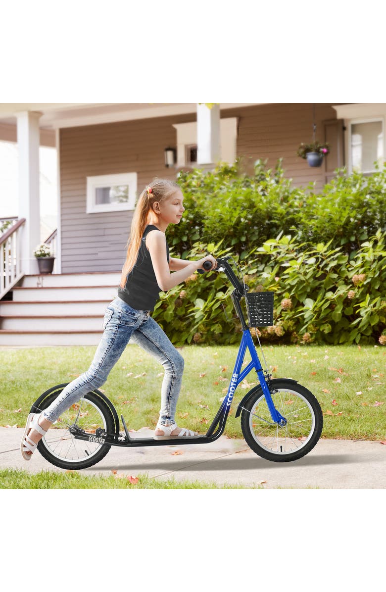 Aosom Youth Kick Scooter with Adjustable Handlebars, Double Brakes, Tires, Basket, Cupholder, Alternate, color, Blue