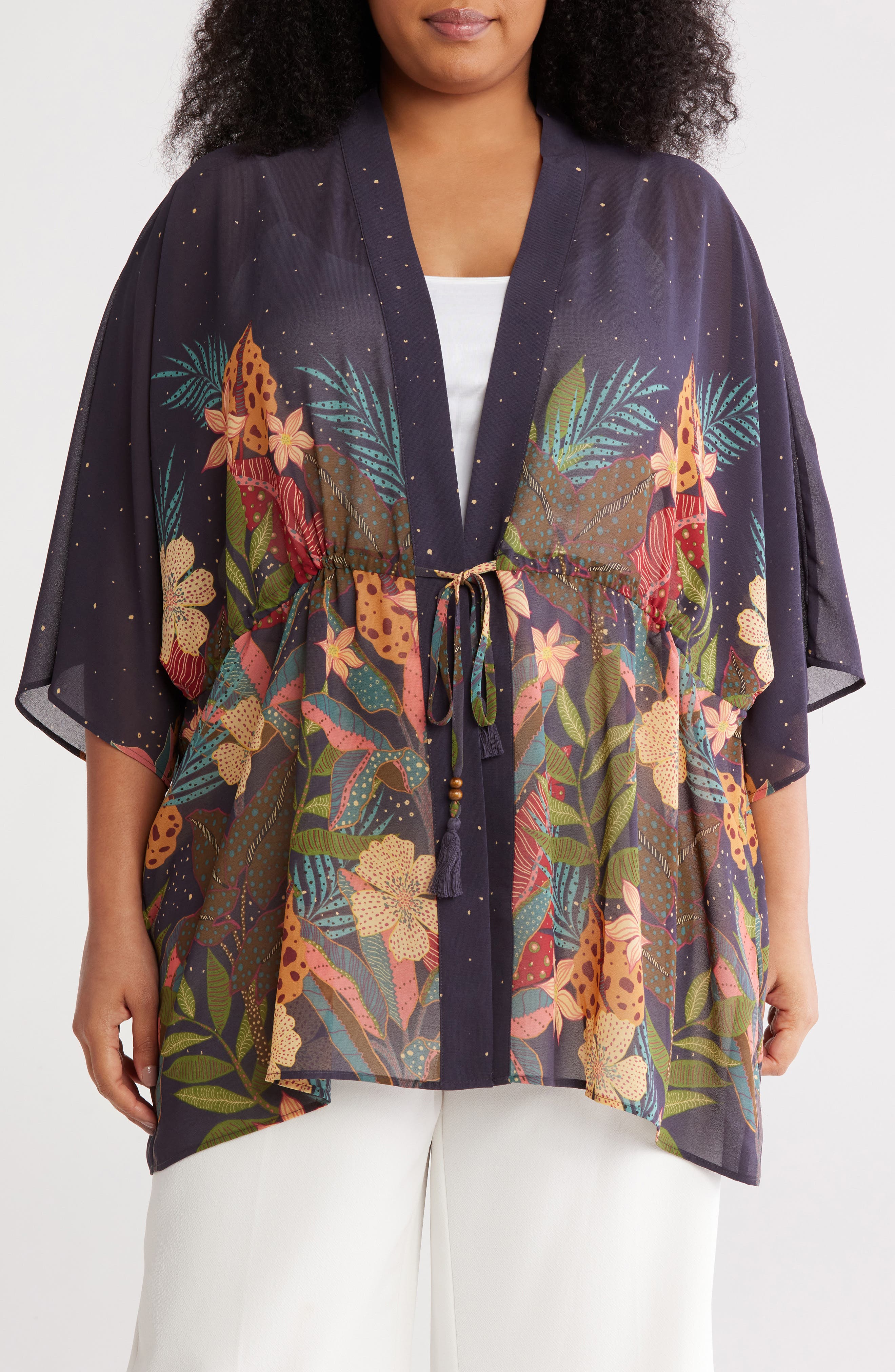 DR2 by Daniel Rainn Drawstring Floral Open Front Wrap