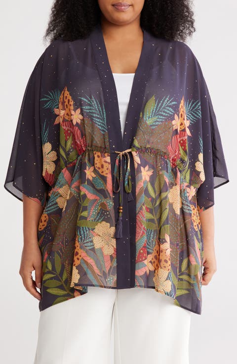 Drawstring Floral Open Front Wrap (Plus Size)