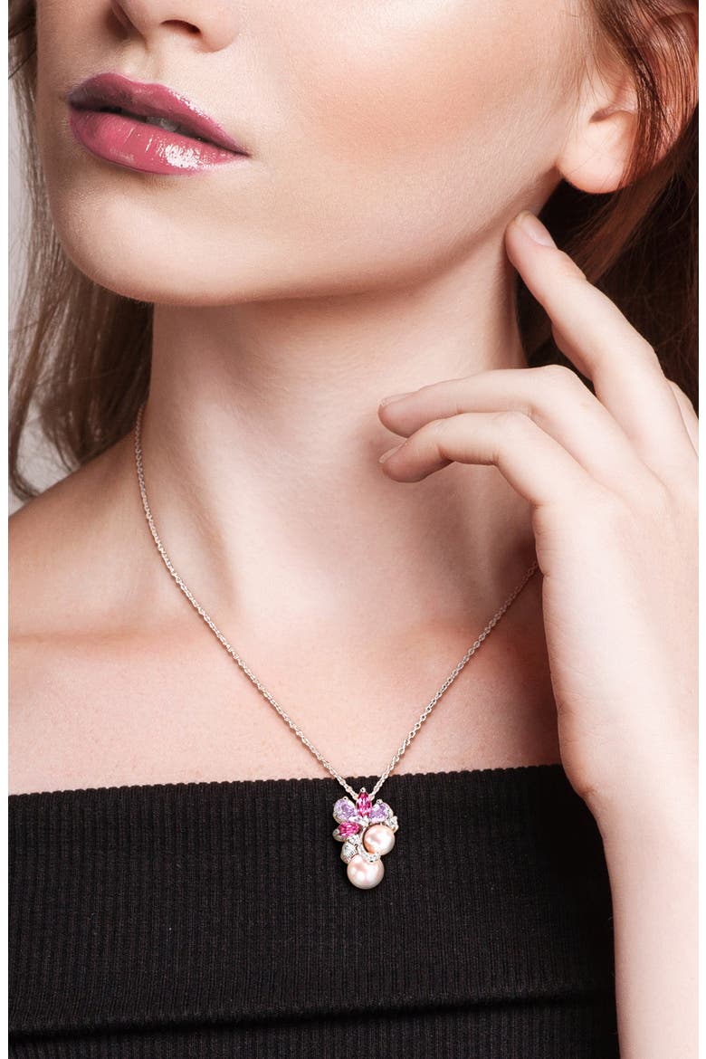 6-9mm Pink Cultured Freshwater Pearl & Stone Cluster Pendant Necklace & Stud Earrings Set, Alternate, color, PURPLE MULTI
