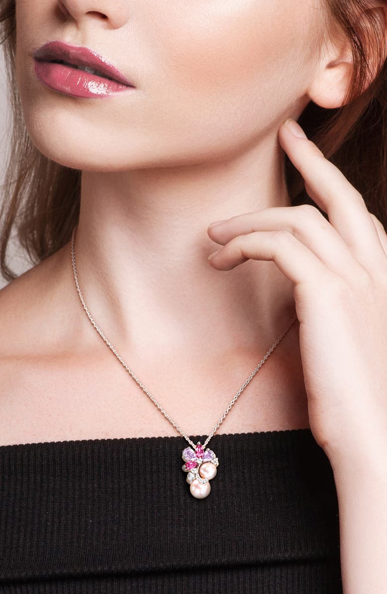 DELMAR 6-9mm Pink Cultured Freshwater Pearl & Stone Cluster Pendant Necklace & Stud Earrings Set, Alternate, color, Purple Multi