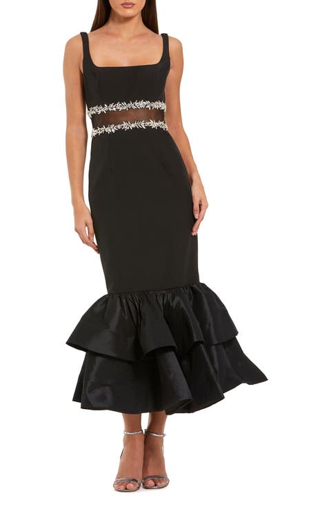 Mac Duggal Petite Crepe Midi Dress with Jewel Detail & Ruffle Hem