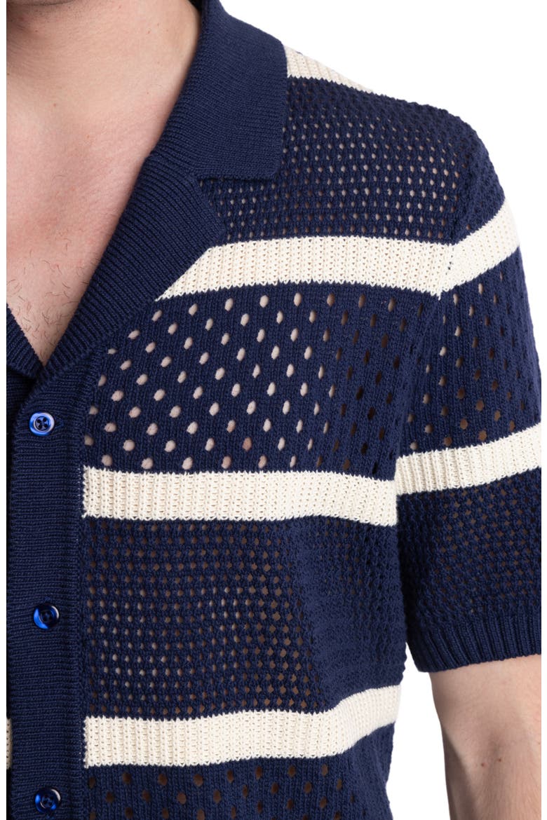 Open Stitch Short Sleeve Button-Up Shirt, Alternate, color, NAVY & CREAM