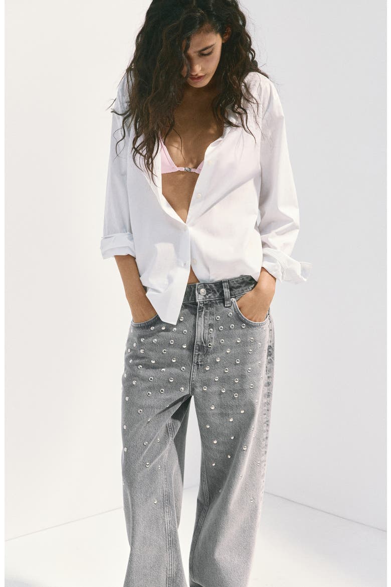 Studded Straight Leg Jeans, Alternate, color, DENIM GREY