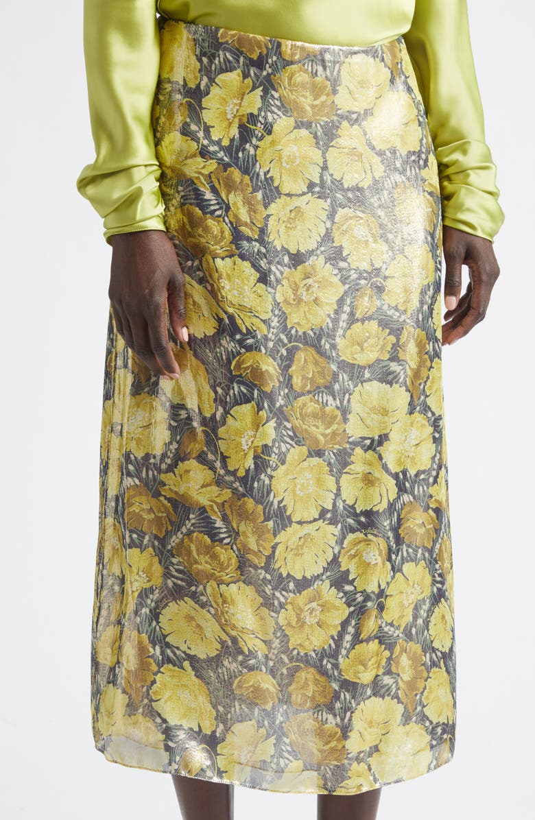 Valentino After Winter Metallic Poppies Print Skirt, Alternate, color, Yellow Multi