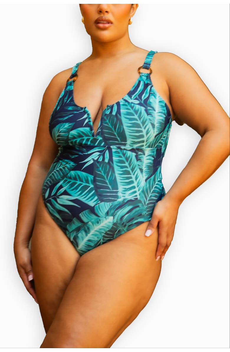 FASHION-SZN CURVE Trim Detail Sculpting Swimsuit, Main, color, Green