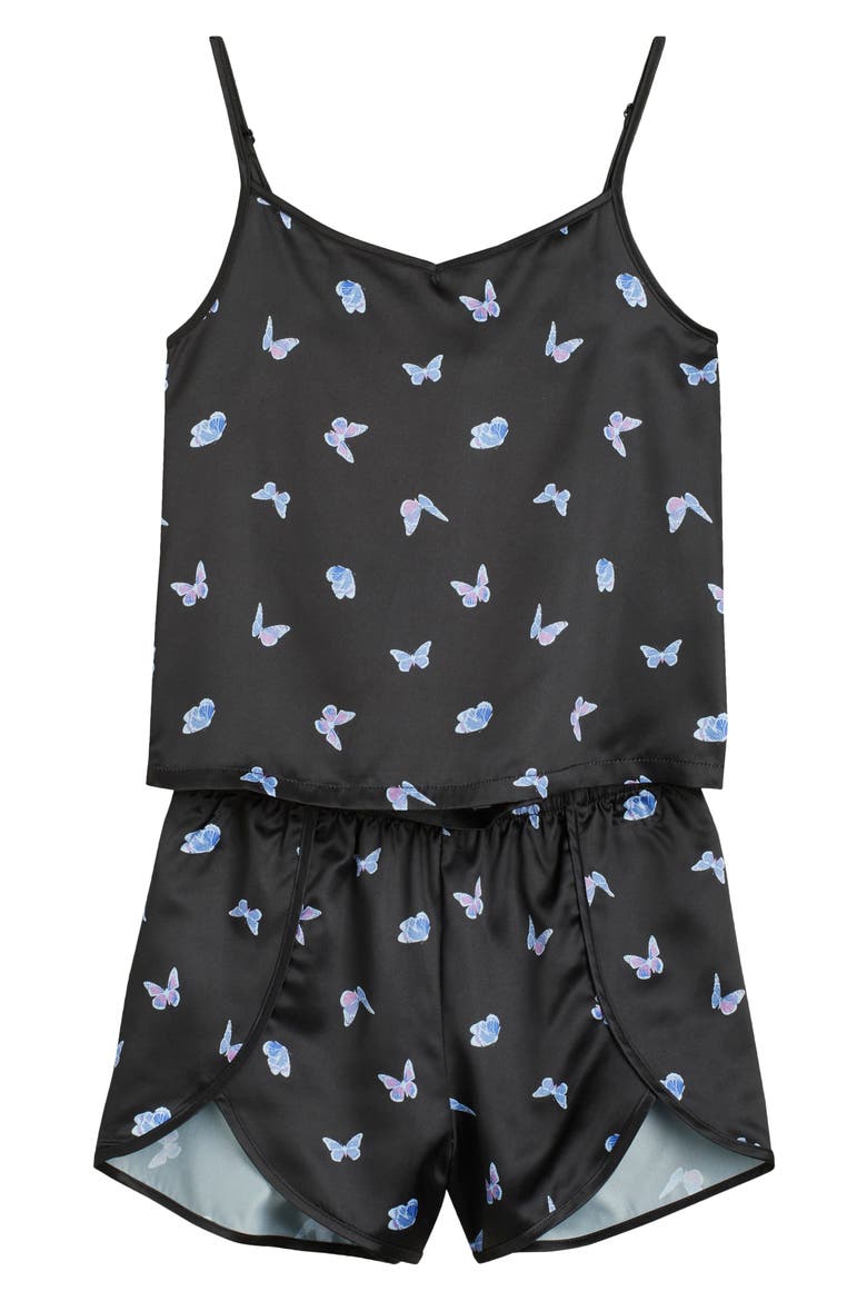 Kids' Print Satin Short Pajamas, Main, color, BLACK NIGHT BUTTERFLIES