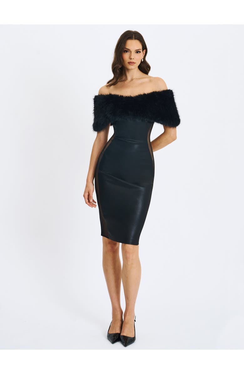 Miss Circle Bellis Faux Fur Trim Mesh Panel Off-Shoulder Midi Dress, Alternate, color, Black